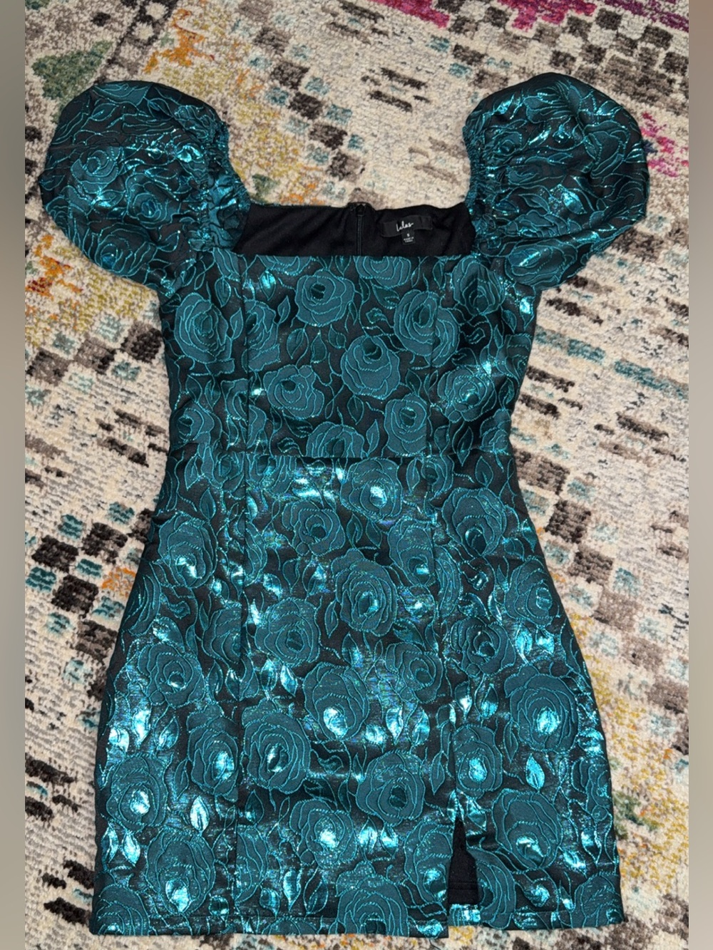 Lulu's Teal Rose Jacquard Puff-Sleeve Mini Dress